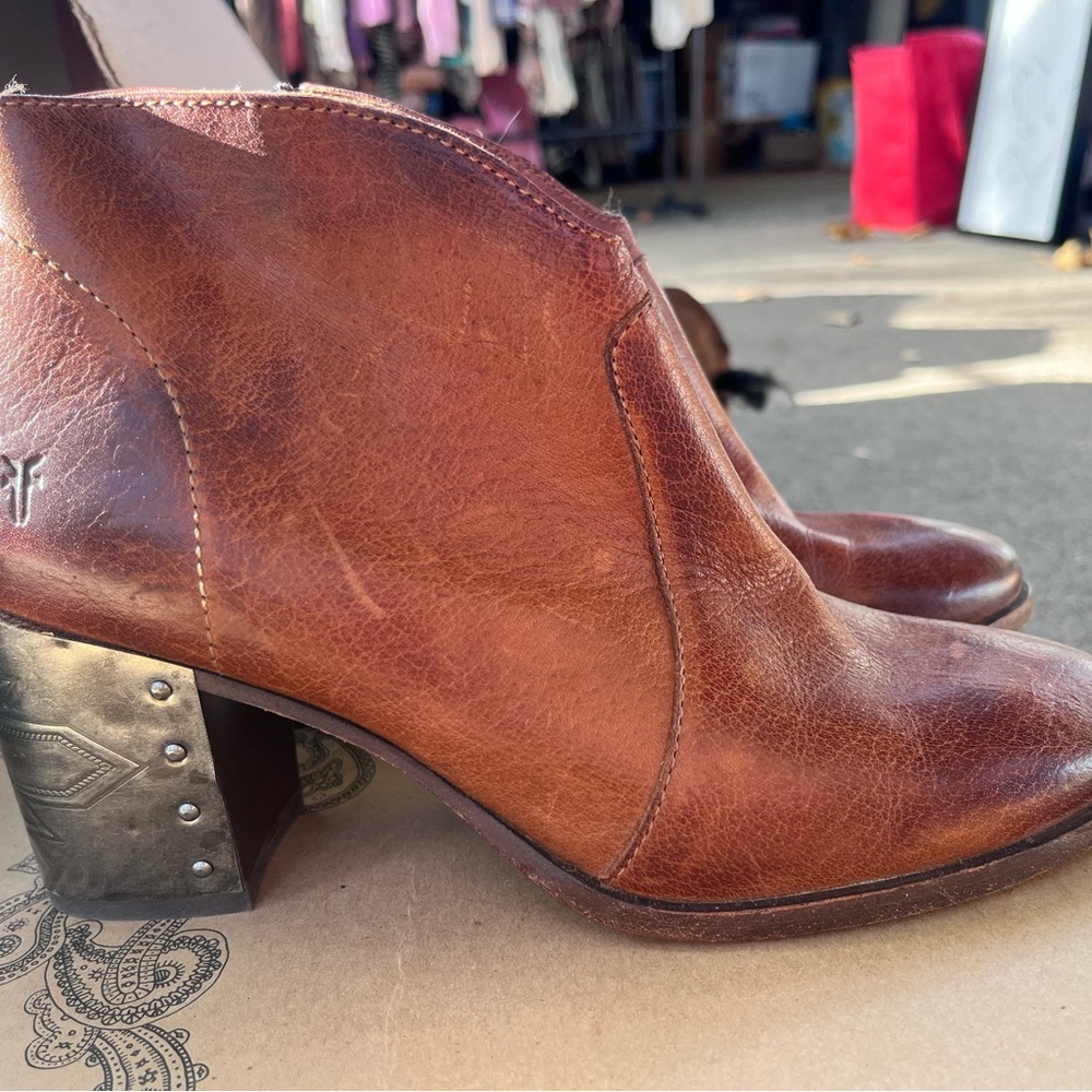 FRYE Nora Omaha Leather Ankle Boots, silver capped heels, southwestern embossed